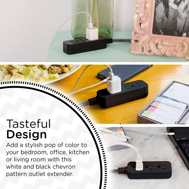 Cordinate Designer Mini 3-Outlet Power Strip, 18 in Braided Extension Cord, Grounded Adapter, Low-Profile Flat Plug, ETL Listed, Black/Dark Heather, 47298 - Image 5